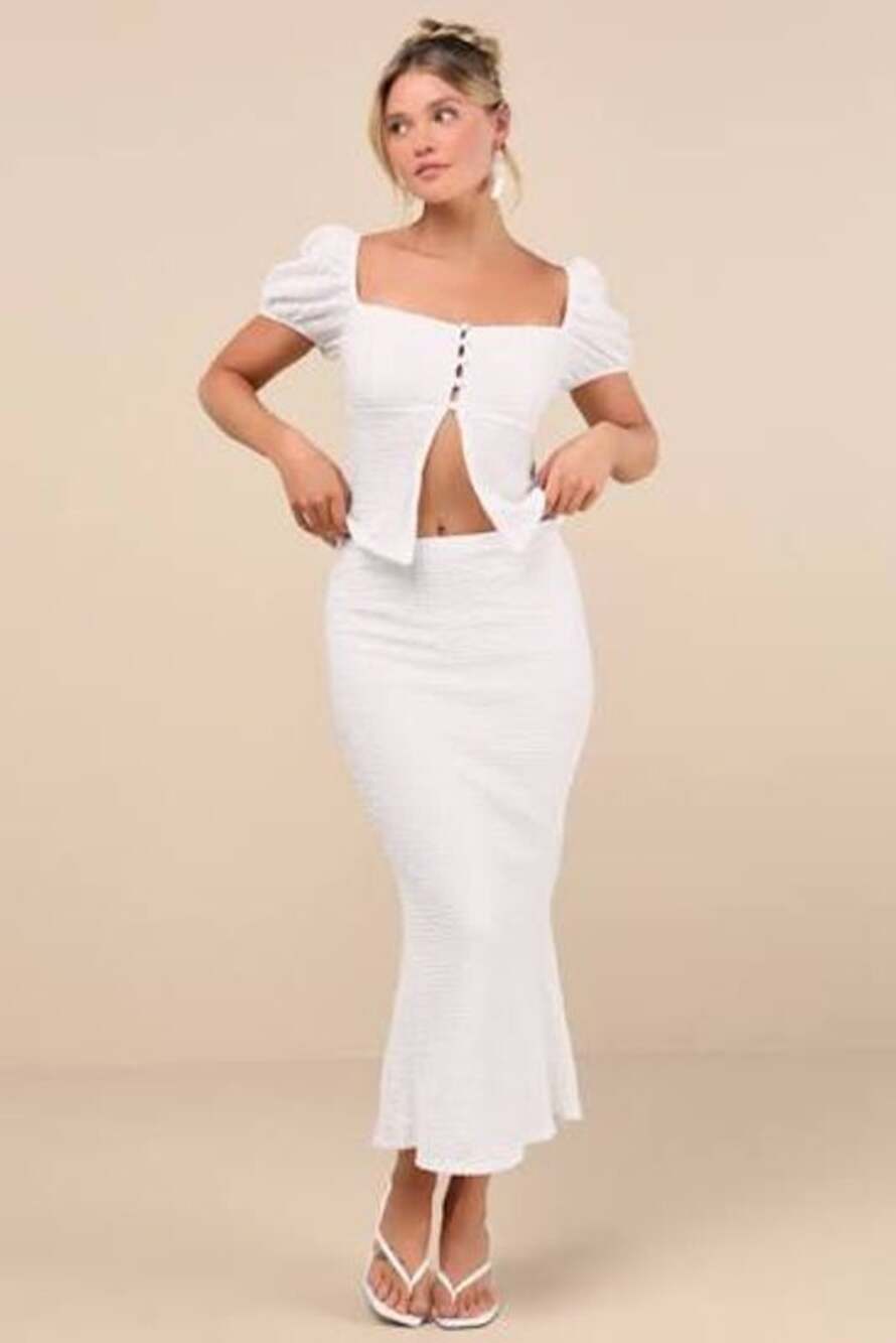 LULU'S Esma White Textured Knit Puff Sleeve Two-Piece Midi Dress Medium M NWT